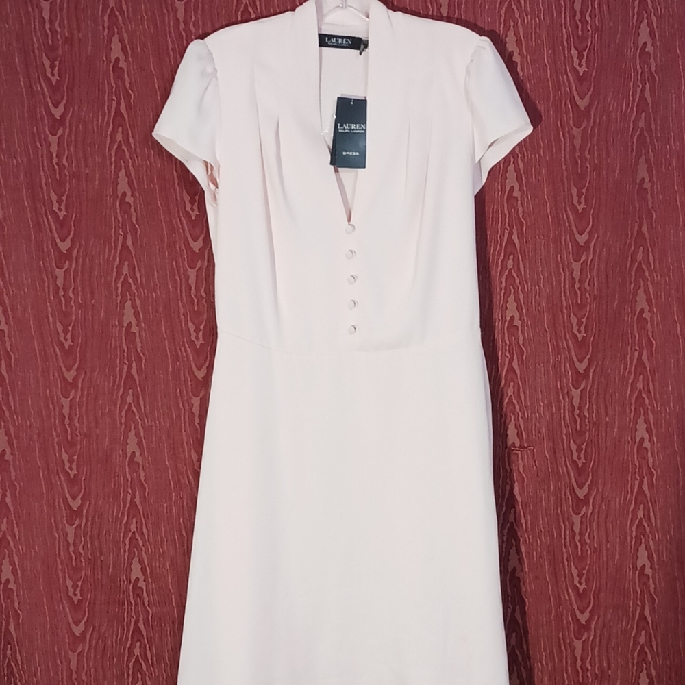 LAUREN RALPH LAUREN Light Pink Short Sleeve Button Up V-Neck Dress CAREER Sz 4